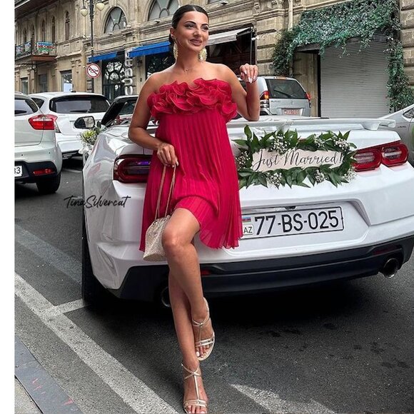 BLOGGER'S FAVE! Zara Pleated Ruffle Mini Dress Red NWT - Picture 6 of 16